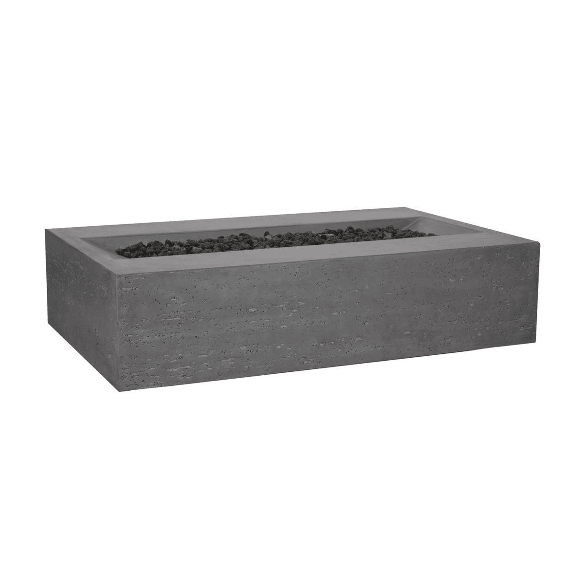 Grey Pyromania Millenia concrete fire table with recessed lava rock burner design.
