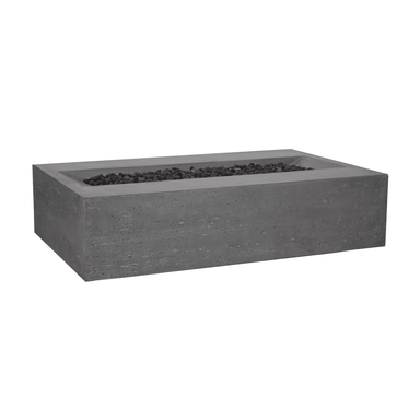Grey Pyromania Millenia concrete fire table with recessed lava rock burner design.