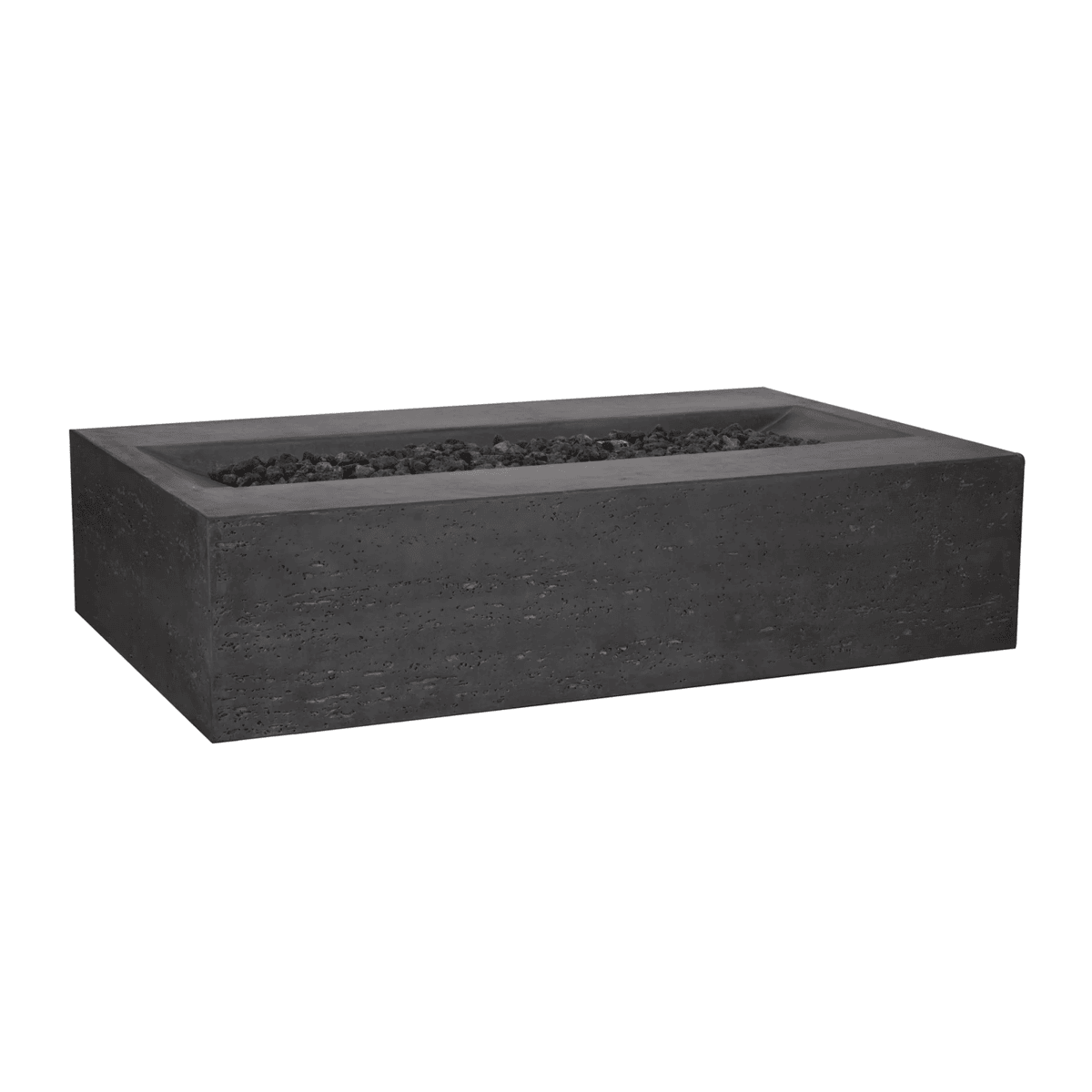 Black Pyromania Millenia concrete fire table with rectangular lava rock burner tray.
