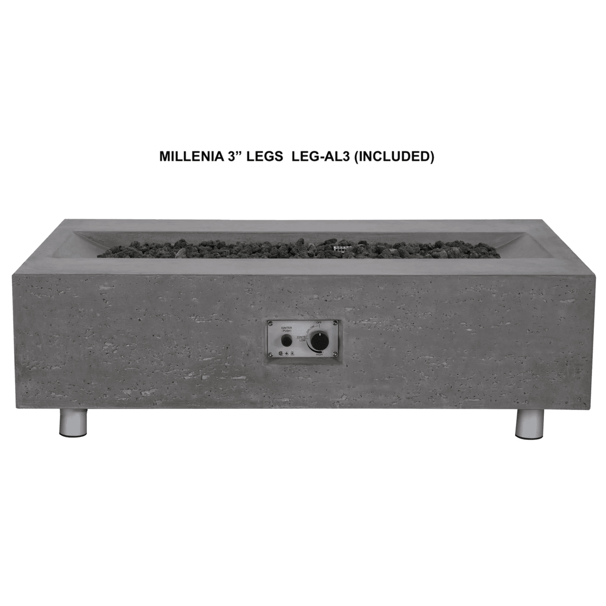 Grey Pyromania Millenia fire table with integrated control panel and included metal legs.