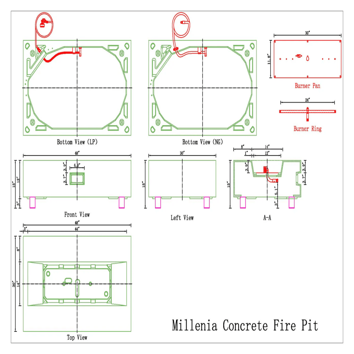 Technical drawing diagram of the Pyromania Millenia concrete fire pit with dimensions and burner layout.