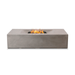 Pyromania Moderne rectangular  fire table with lava rocks and active flame display.