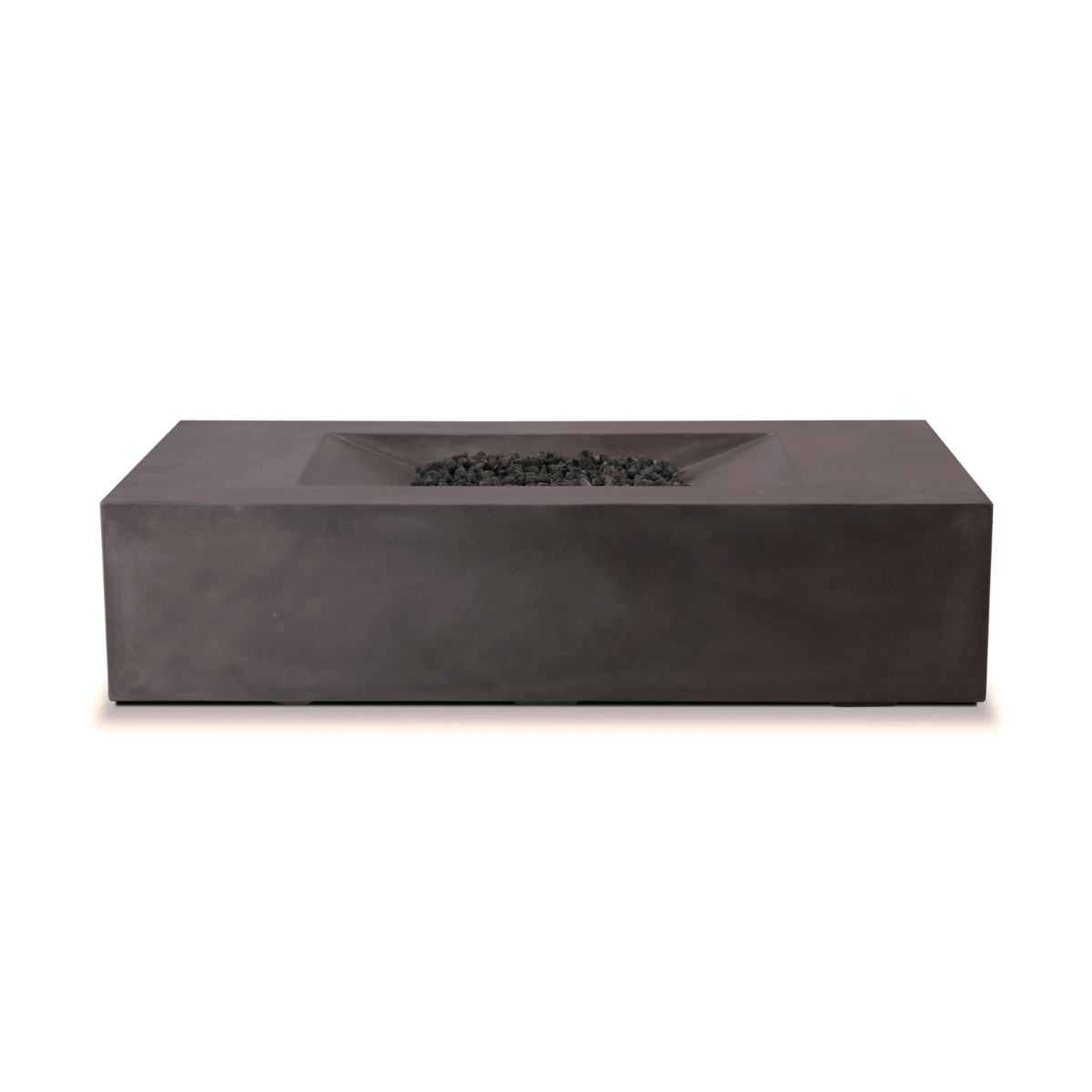 Pyromania Moderne dark concrete fire table with lava rock burner insert and rectangular design.