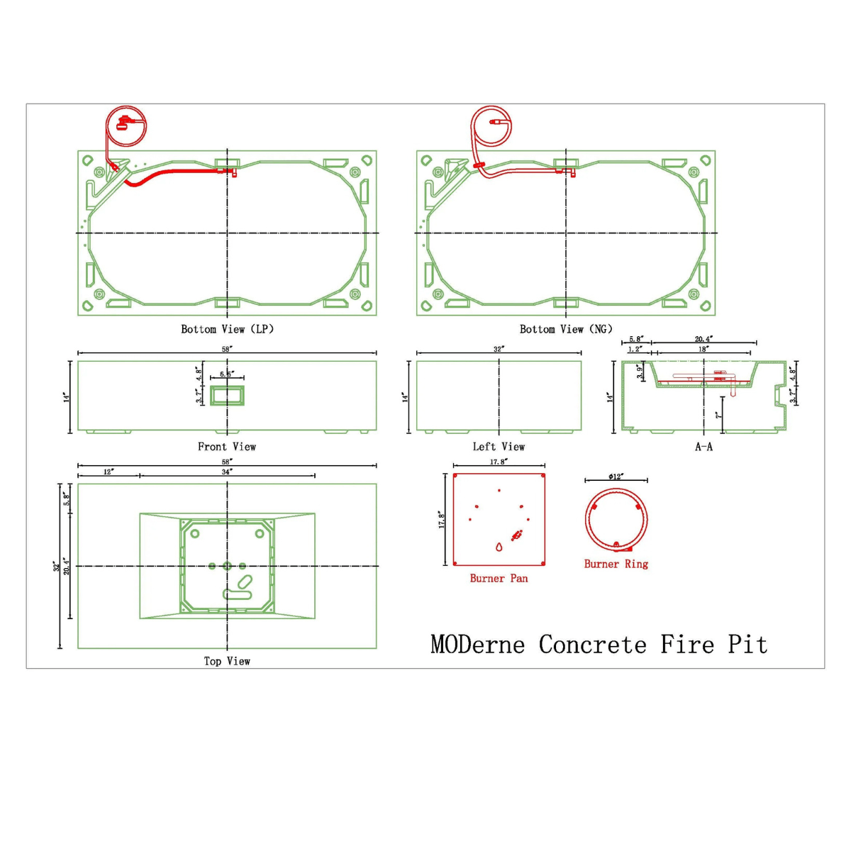 Pyromania Moderne concrete fire table technical drawing with dimensions and burner specifications.
