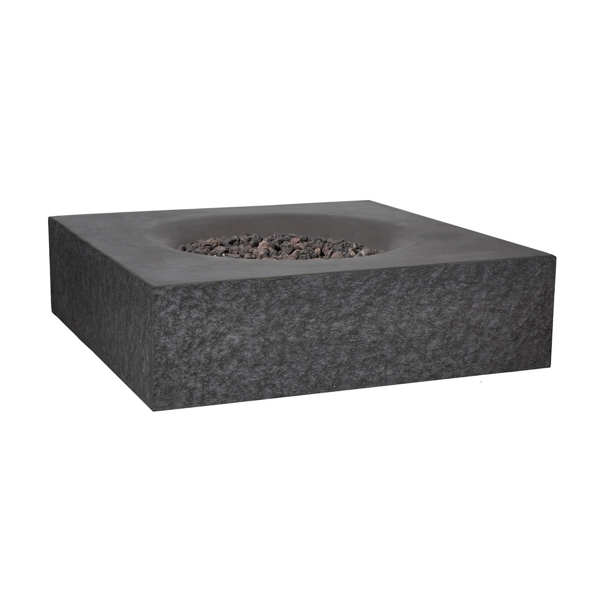 Dark grey Pyromania Monument fire table with recessed lava rock burner design.