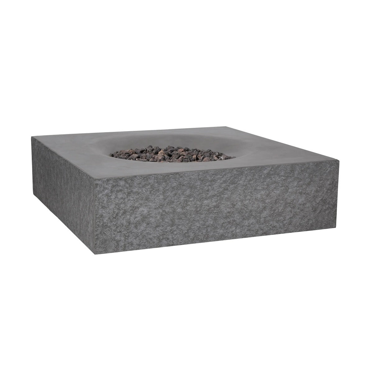 Angled view of the Pyromania Monument square concrete fire table with lava rocks.