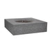 Angled view of the Pyromania Monument square concrete fire table with lava rocks.
