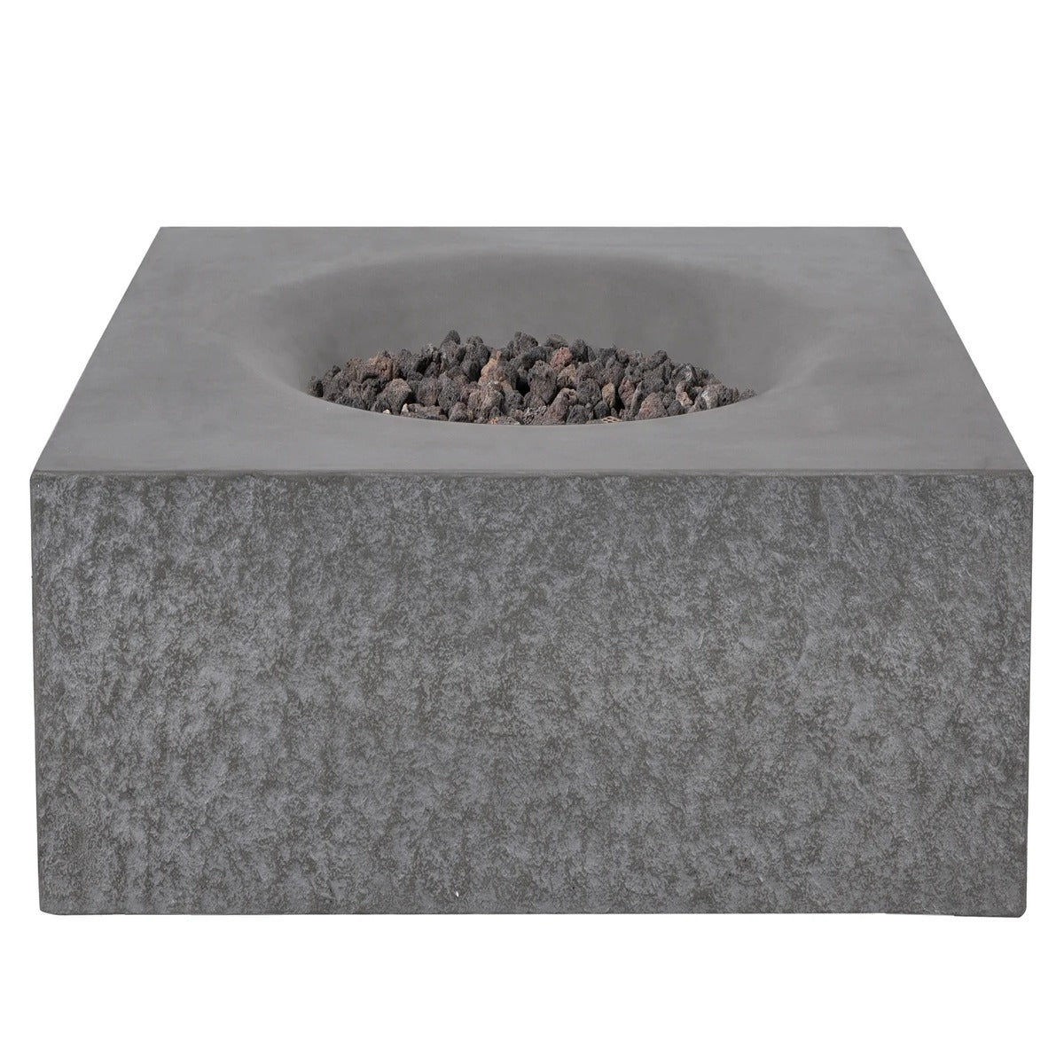 Grey Pyromania Monument concrete fire table with recessed lava rock burner tray.