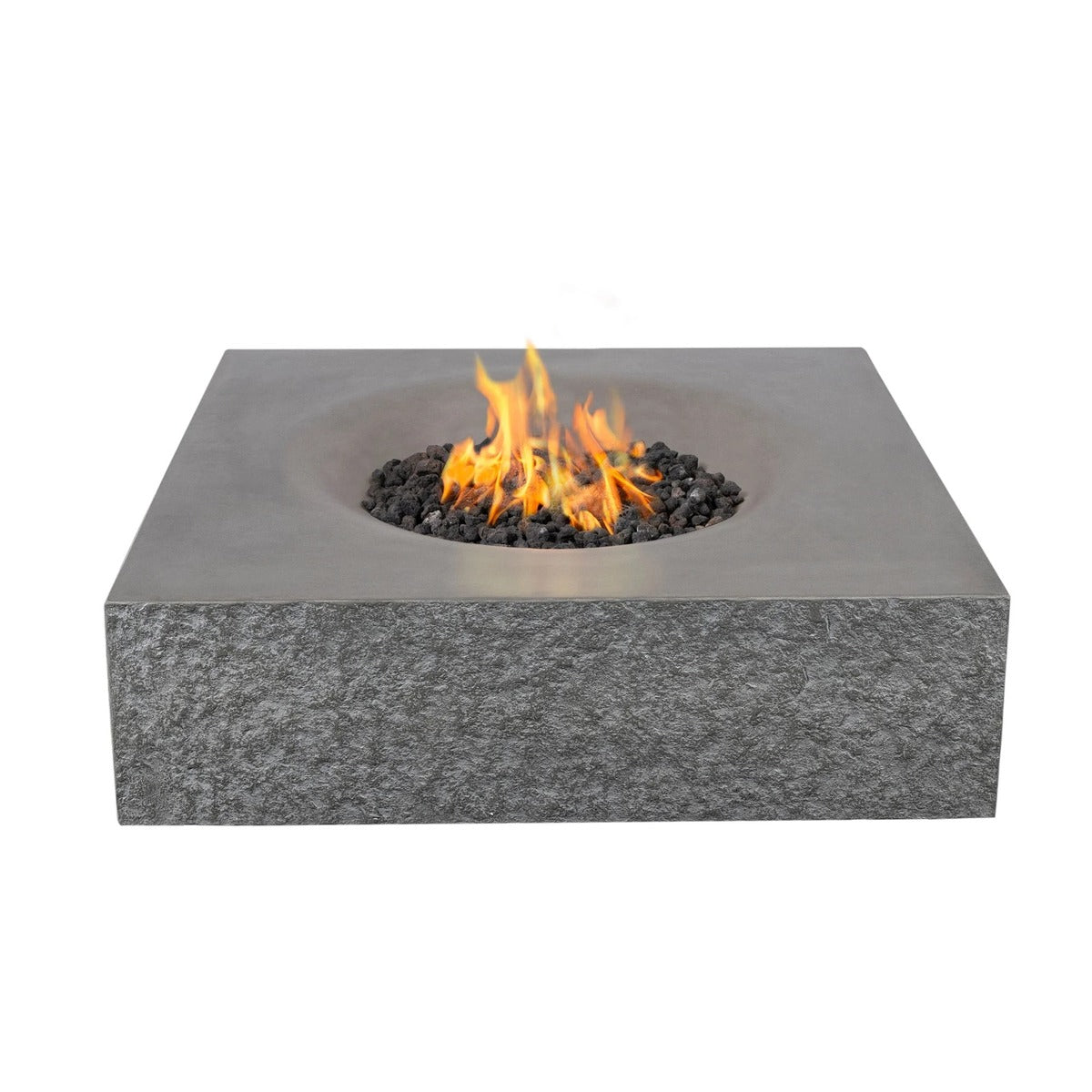 Pyromania Monument concrete fire table with active flames and lava rock burner feature.