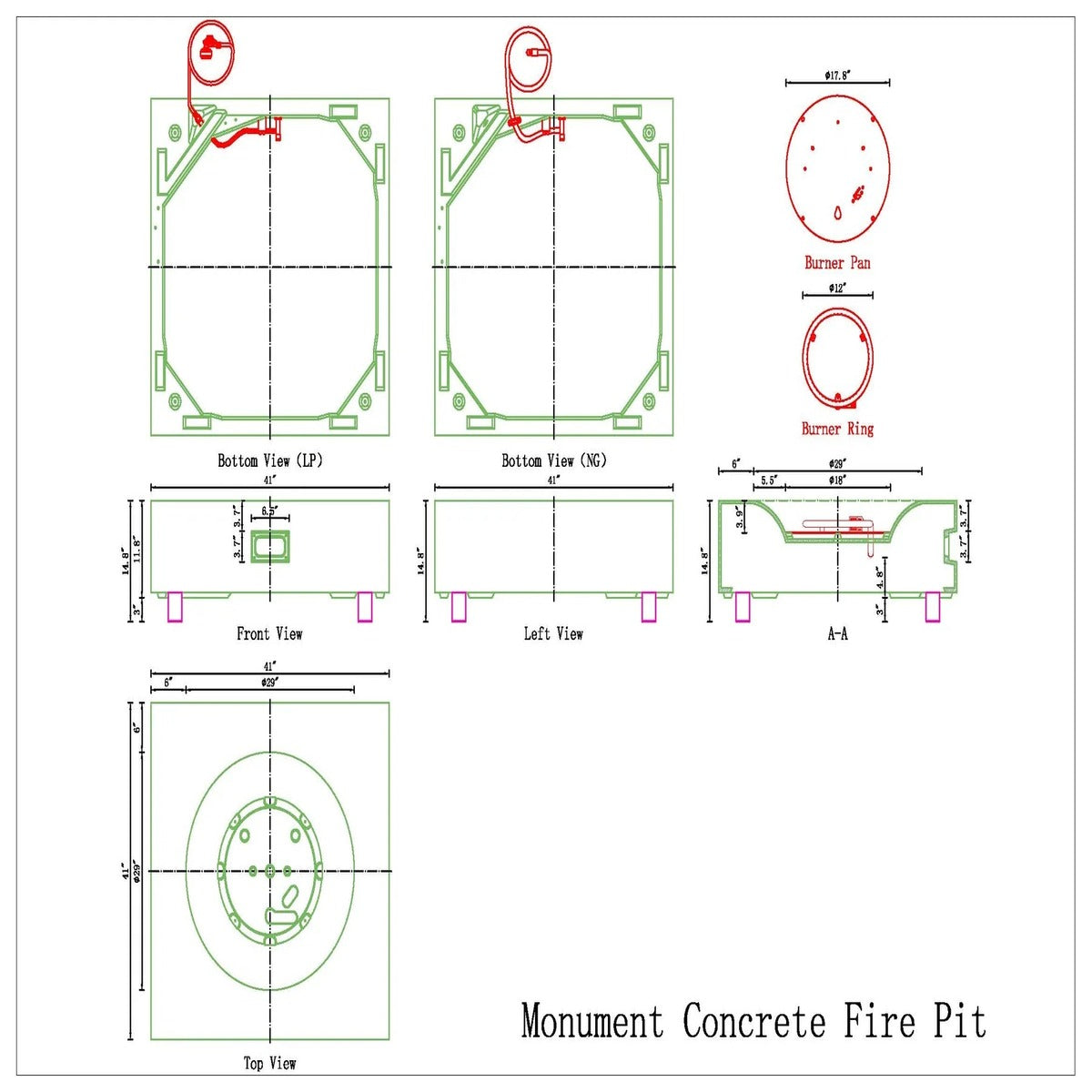 Technical drawing diagram of the Pyromania Monument concrete fire table with dimensions and burner layout.