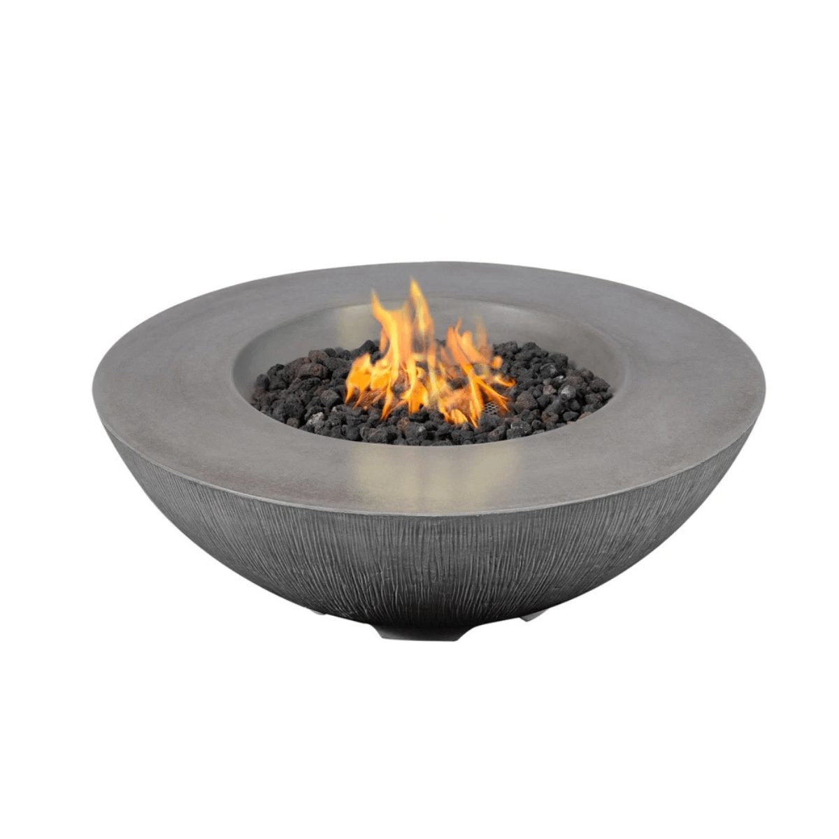 Pyromania Shangri-La concrete fire table with active flames and lava rock burner.