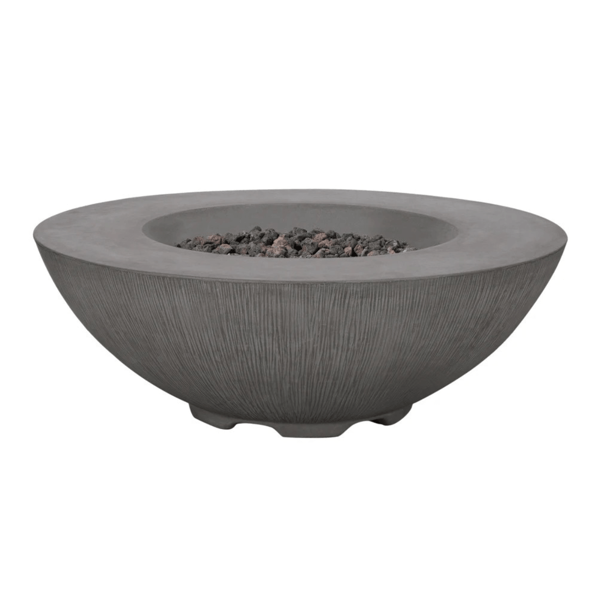 Grey Pyromania Shangri-La fire table with textured bowl design and lava rocks.