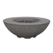 Grey Pyromania Shangri-La fire table with textured bowl design and lava rocks.