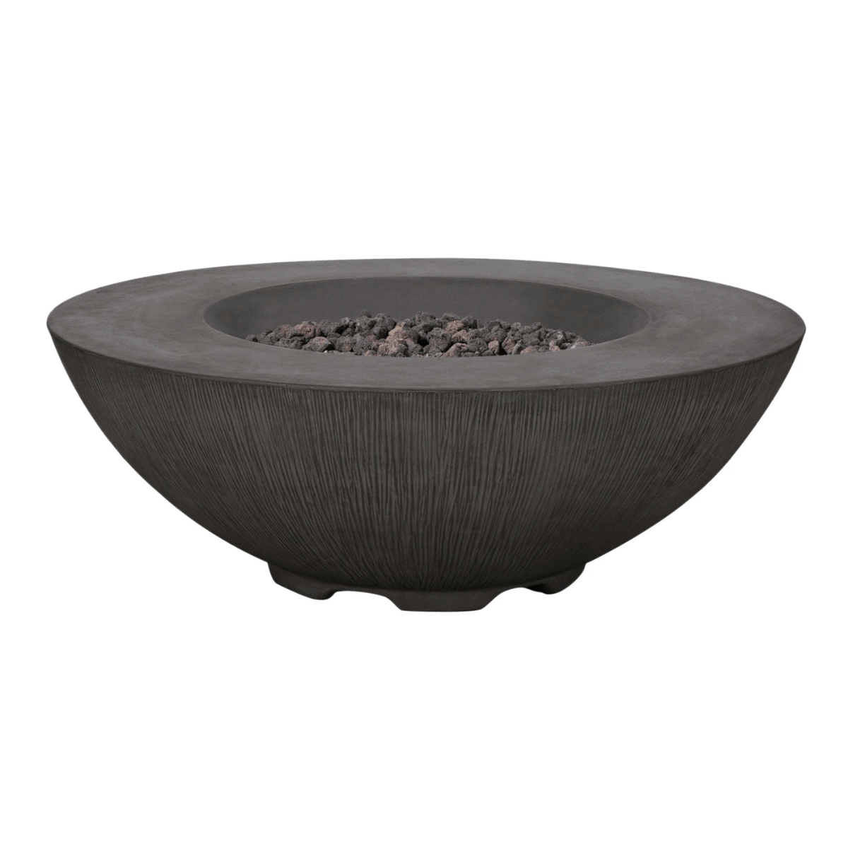 Pyromania Shangri-La round concrete fire table with recessed lava rock burner bowl.