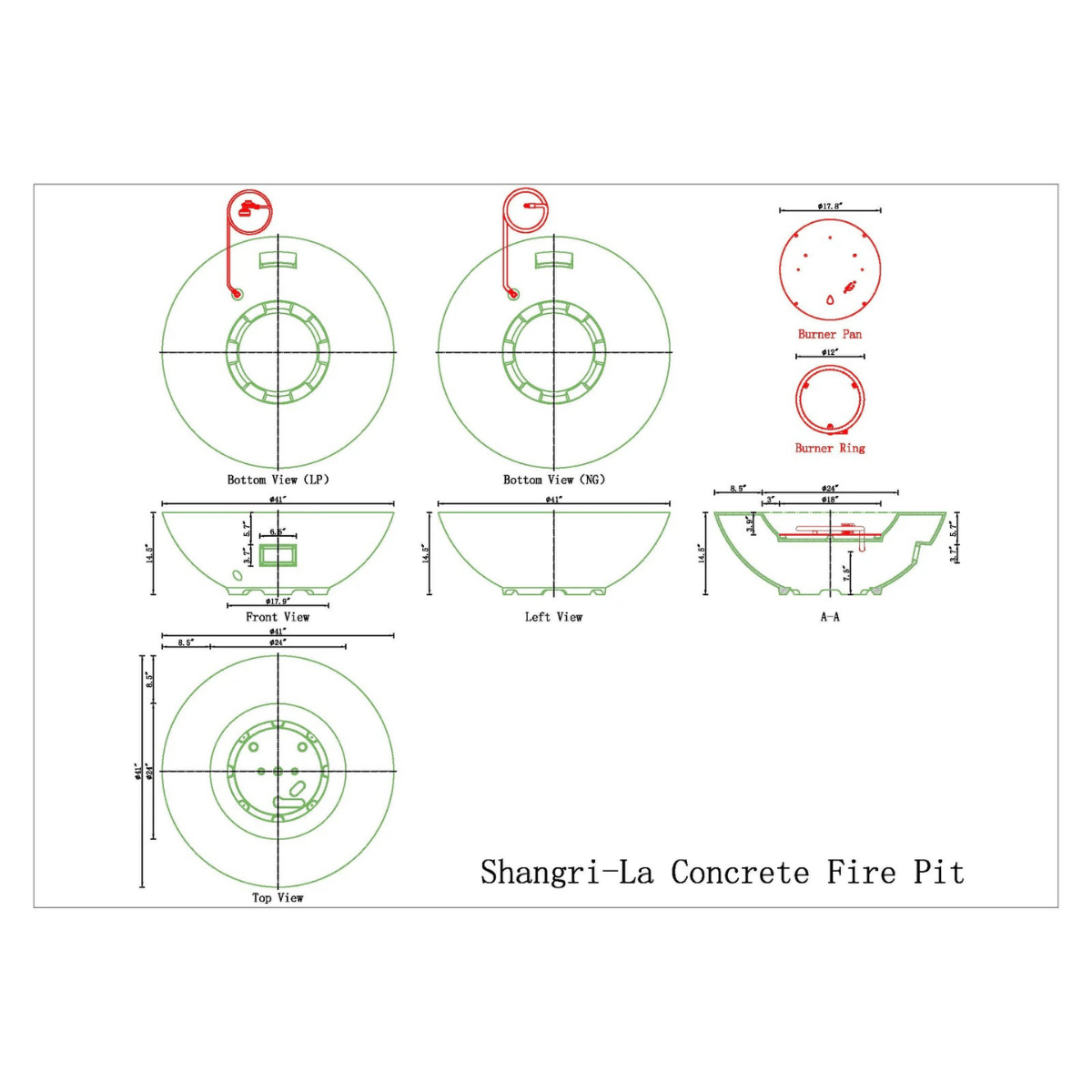 Technical drawing diagram of the Pyromania Shangri-La concrete fire pit with dimensions and burner layout.