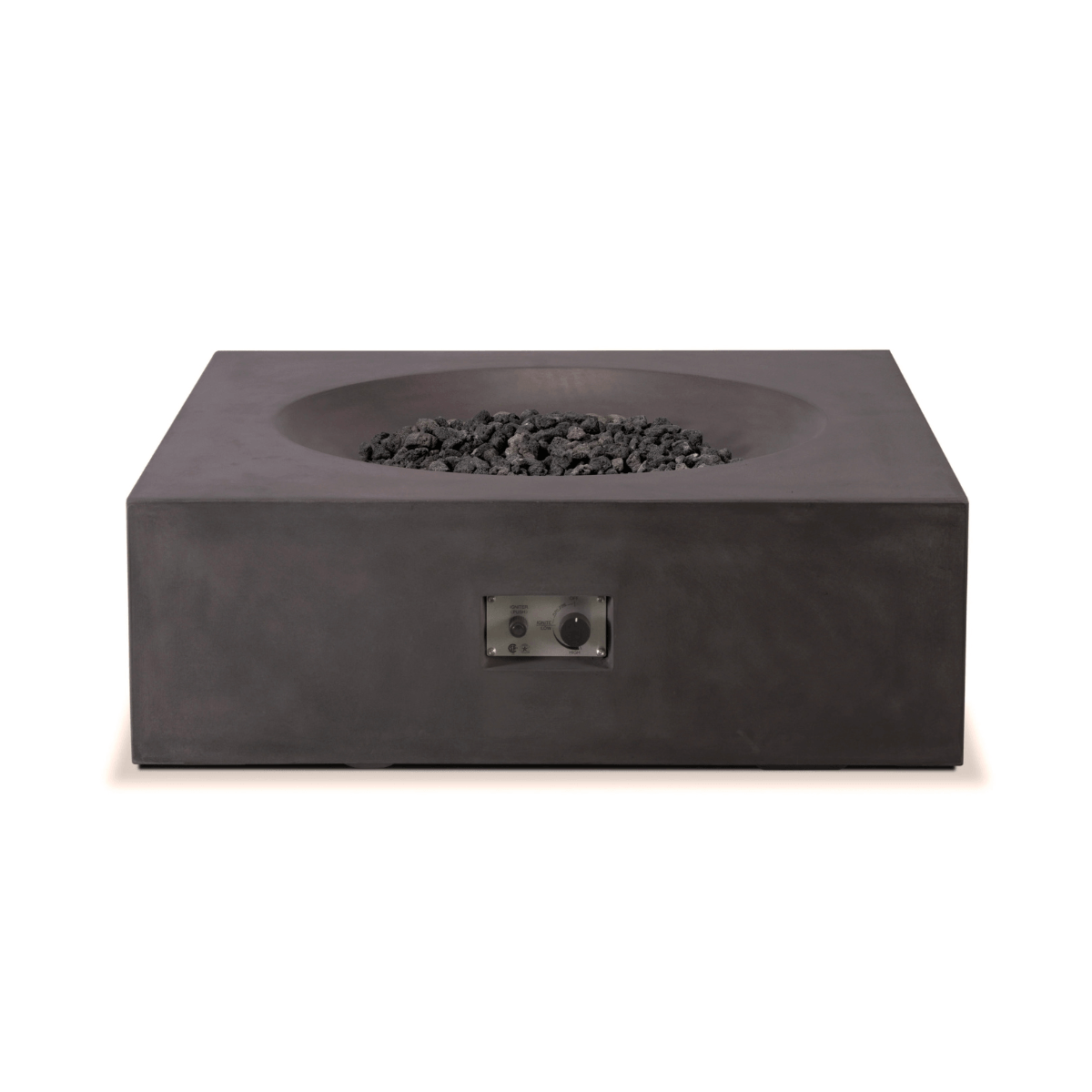 Pyromania Tao dark finish fire table with recessed burner and control panel.