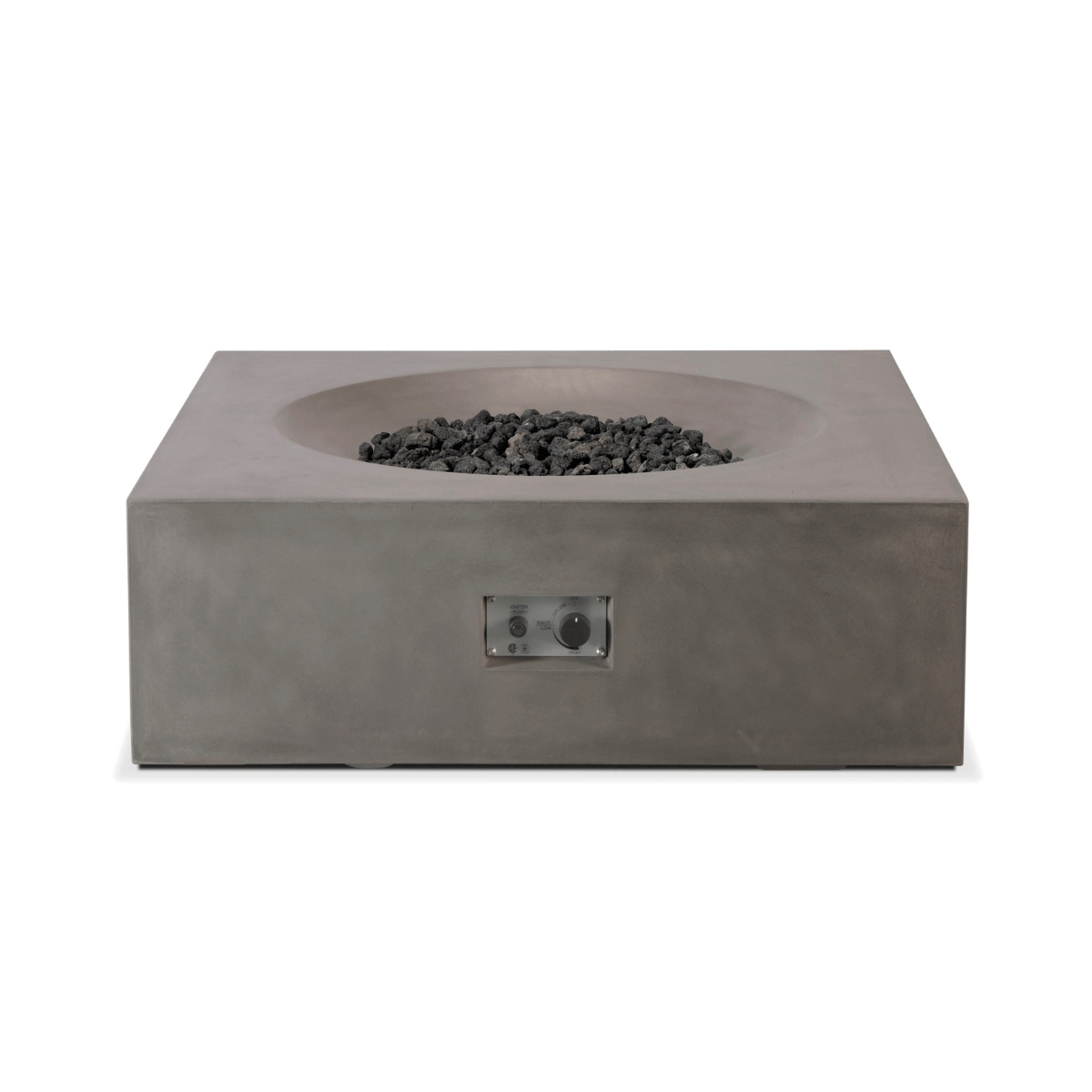Pyromania Tao fire table with built-in ignition control panel and lava rocks.