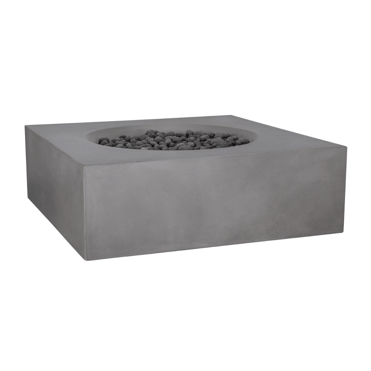 Pyromania Tao light  fire table with lava rocks and minimalist square shape.