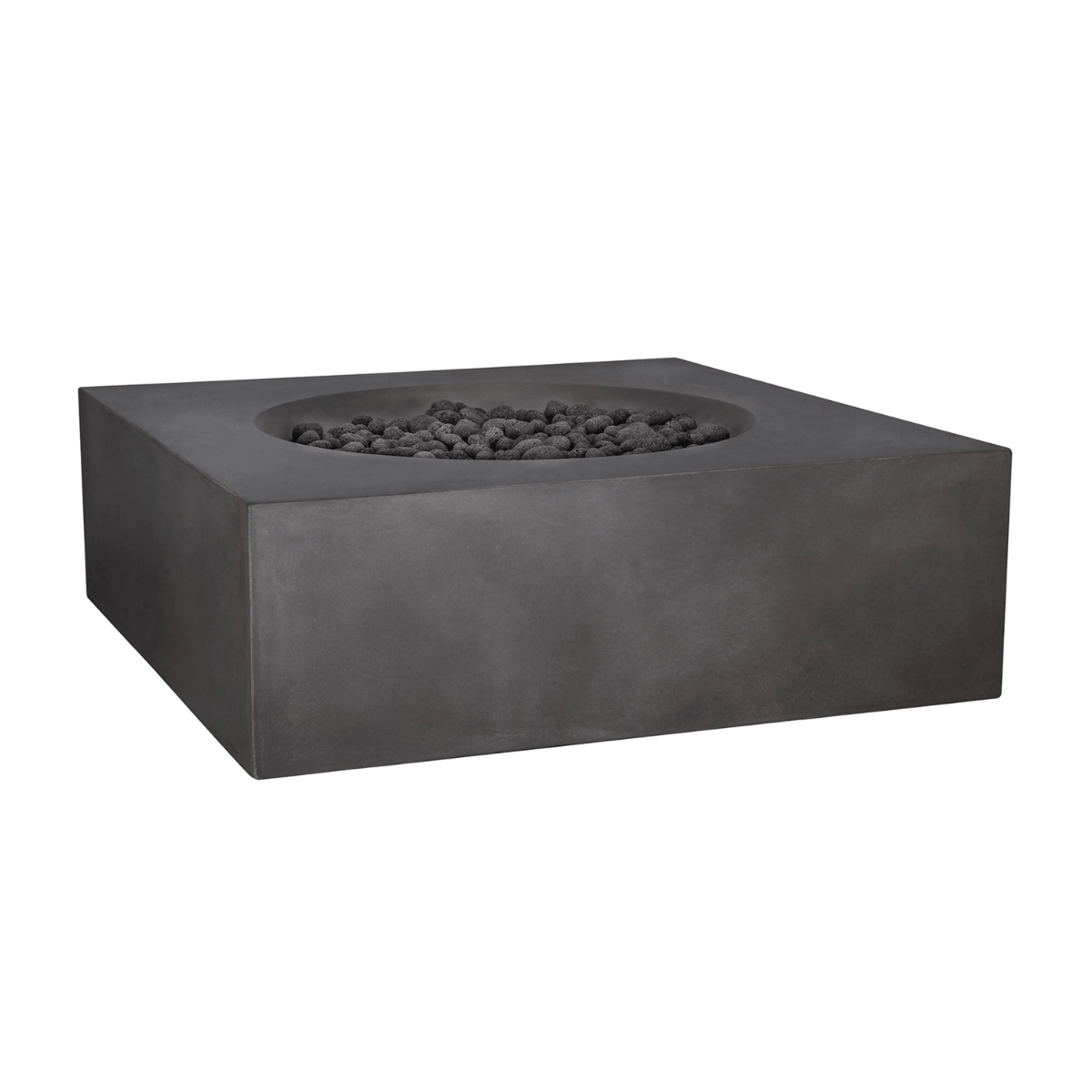 Pyromania Tao dark fire table with lava rocks and square modern design.