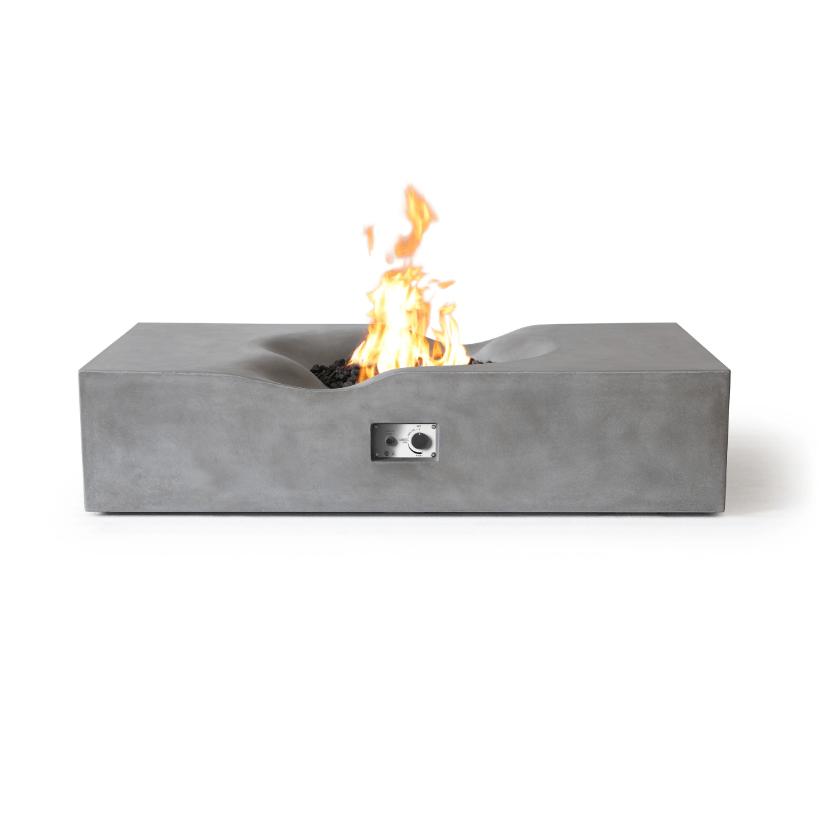 Minimalist front view of the Pyromania Venice concrete fire table with flame and control panel.