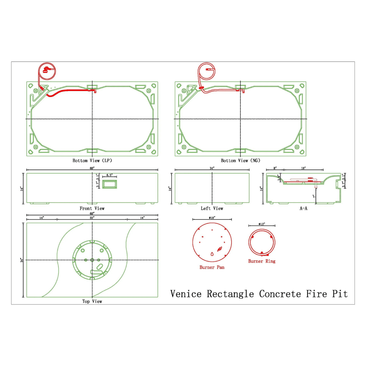 Technical drawing of the Pyromania Venice rectangle concrete fire pit with dimensions and burner layout.