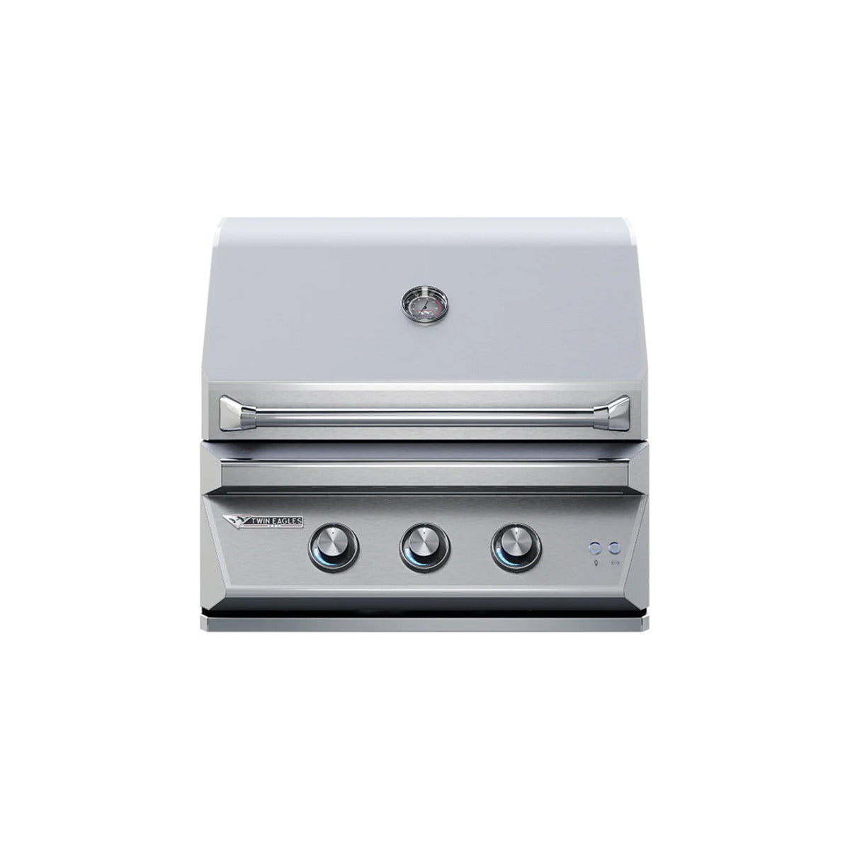 Twin Eagles 30-inch stainless steel built-in gas grill with three burner control knobs and hood thermometer